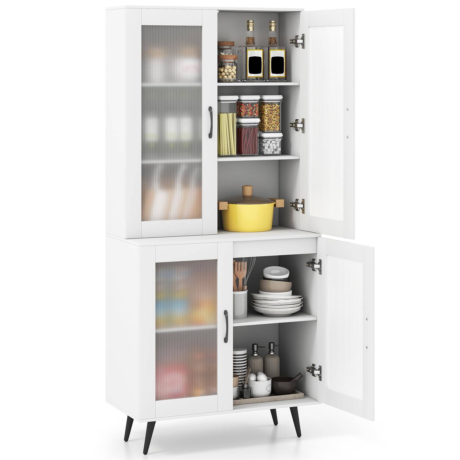 RELAX4LIFE Dispensa Cucina, Credenza Autonoma con Ante Traslucide & Ripiano Regolabile, Armadio Alto Moderno per Soggiorno, Sala da Pranzo, Ufficio a Casa, 80 x 40 x 178,5 CM, Nero/Bianco (BIANCO)