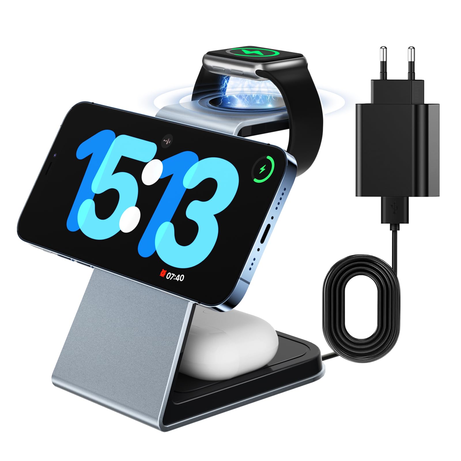 Ossky Caricabatterie wireless magnetico, Caricatore wireless 3 in 1, Ricarica wireless magnetica veloce da 15 W per i-Phon serie 14/13/12, serie i-Watc, Air-po-s 3/2/pro