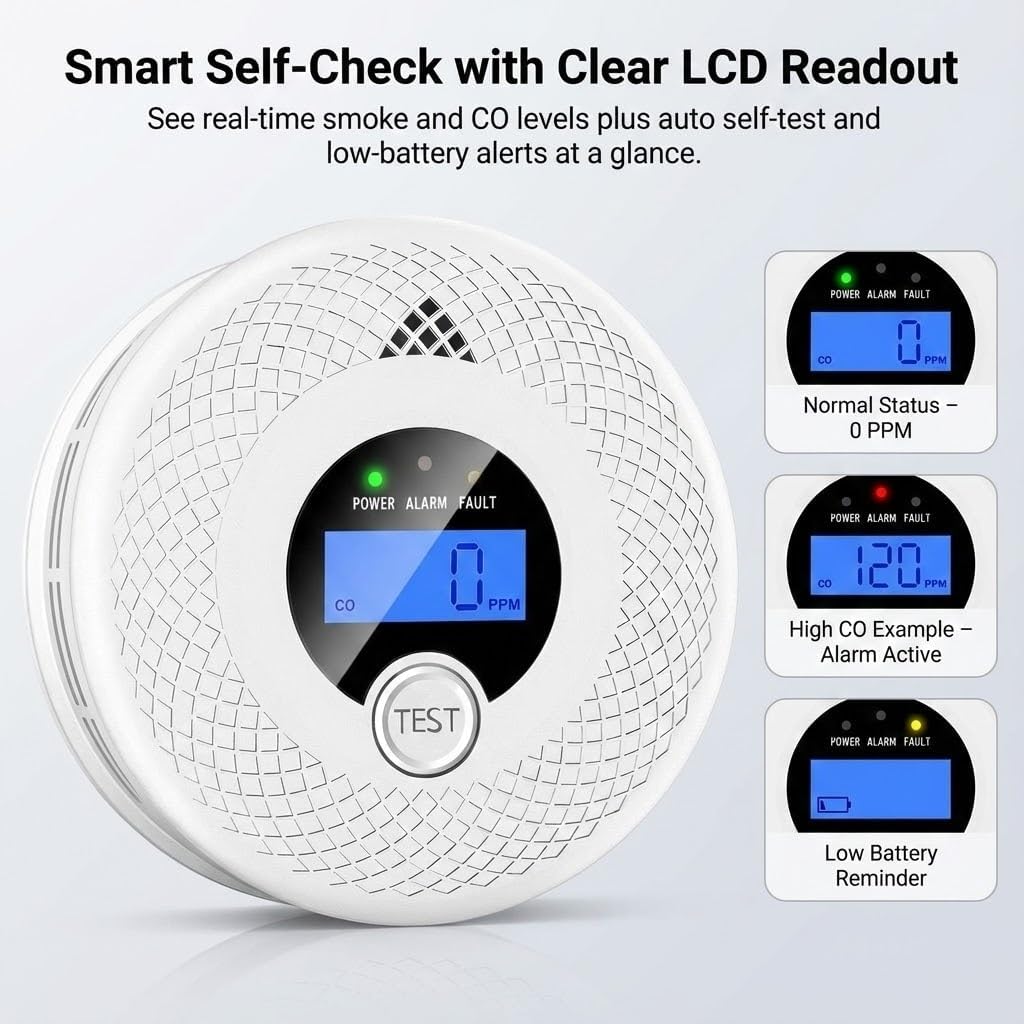 3 Pack Interconnected Smoke and CO Alarm with LCD Screen, 85dB Loud Alert, RF Network Sync, Battery Operated, Ideal for Multi-Room Use in Home, Office, RV