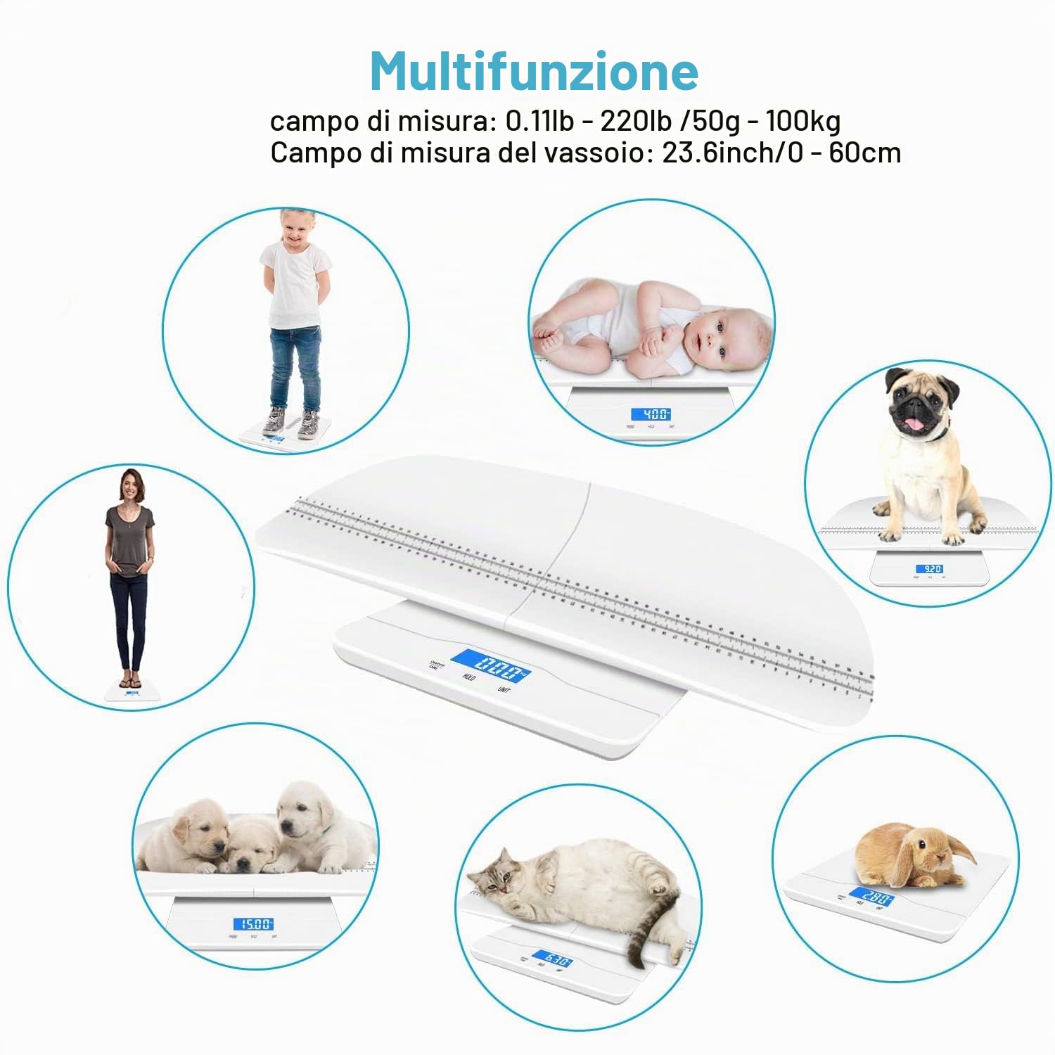 Bilancia digitale per animali domestici, bilancia per neonati, con 3 modalità di pesatura (kg/oz/lb), max 100 kg, capacità con precisione fino a 10 g, bianca, adatta per neonati, cuccioli, mamme