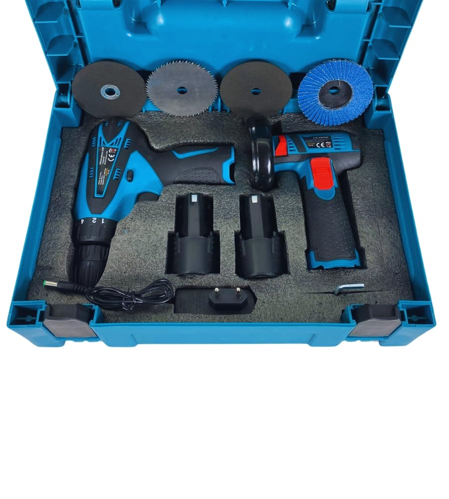 Mini Flex Smerigliatrice Angolare a Batteria 12 V + Avvitatore Trapano Portatile Senza Filo Doppia Batteria Mandrino 10 mm con 2 Batterie Valigetta