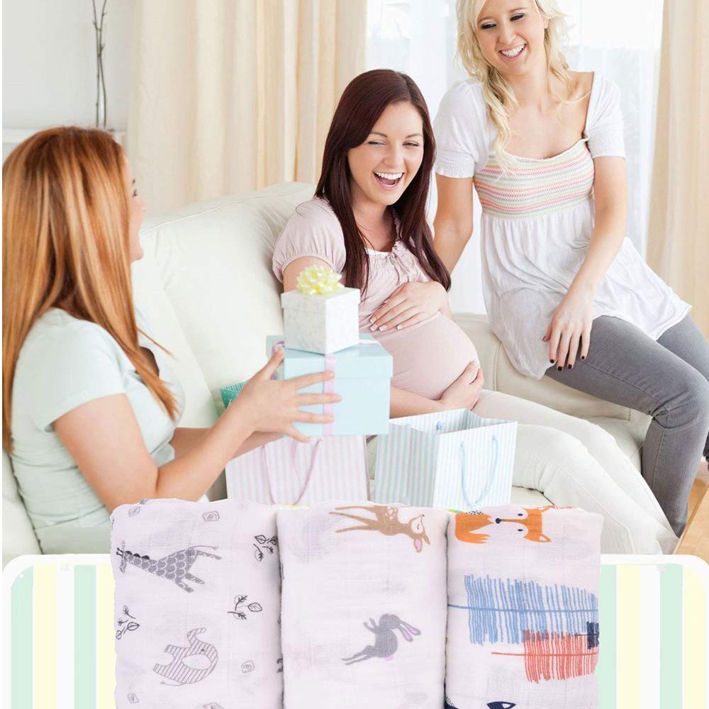 Bambino Swaddle Coperta mussola, 47x47 (3 Pack)"Fox & Deer & Girafe Stampa" Organic mussola di cotone Copertina per per i ragazzi e le ragazze, panni del Burp & Passeggino Copertina