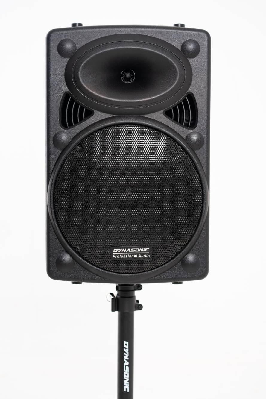 Front view of DYNASONIC DYNAPRO 12 Plus speaker on a stand