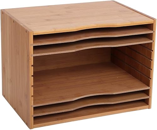 Miniatura 8 de Organizador de archivos de bambú, organizador de archivos de escritorio, bandeja de cartas con 4 divisores, estantes clasificadores de papel,