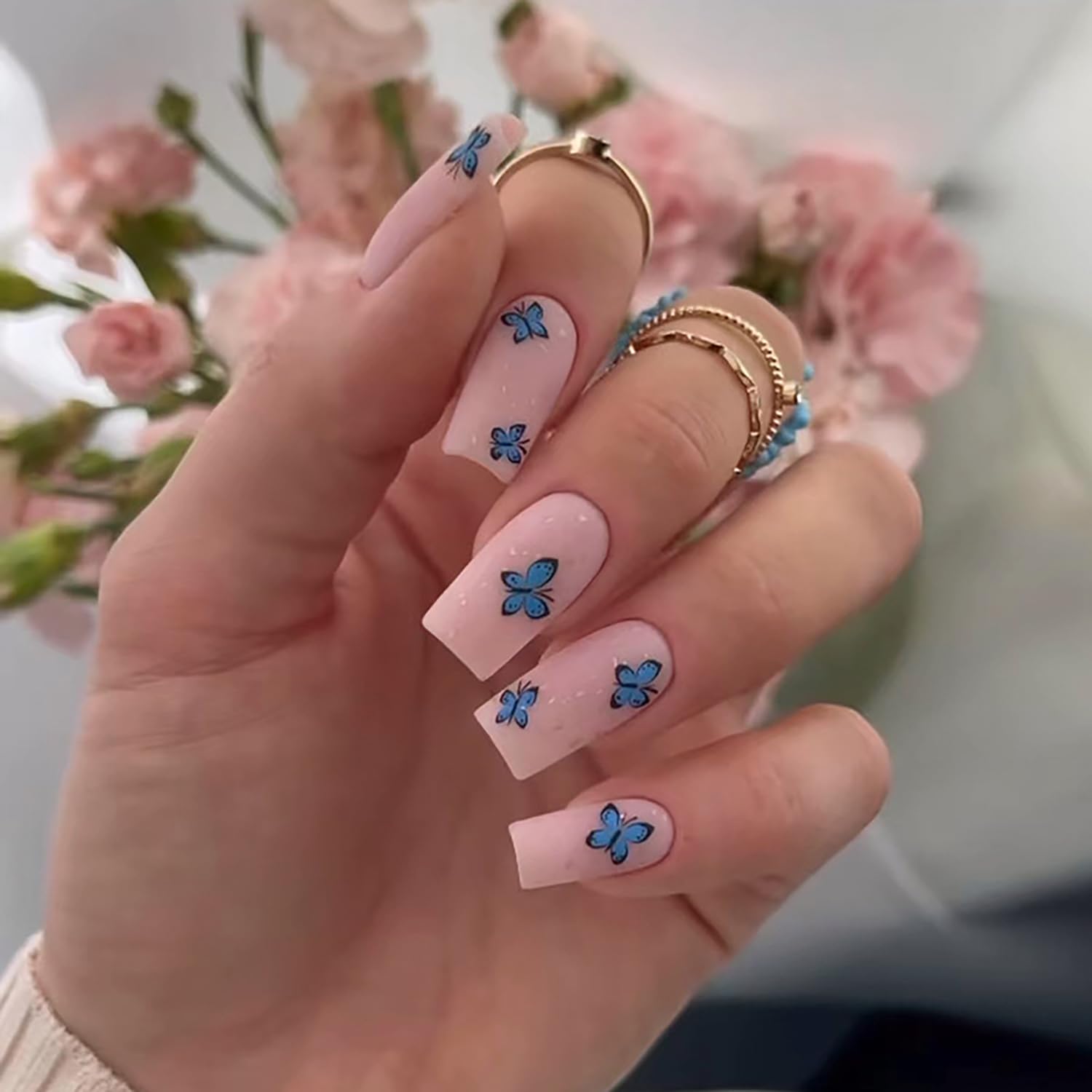 Vezocim Press on Nails Coffin with Butterfly Designs, 24Pcs Artificial Medium Nude Fake Nails with Glue, Full Cover Glossy Acrylic Blue Butterflies