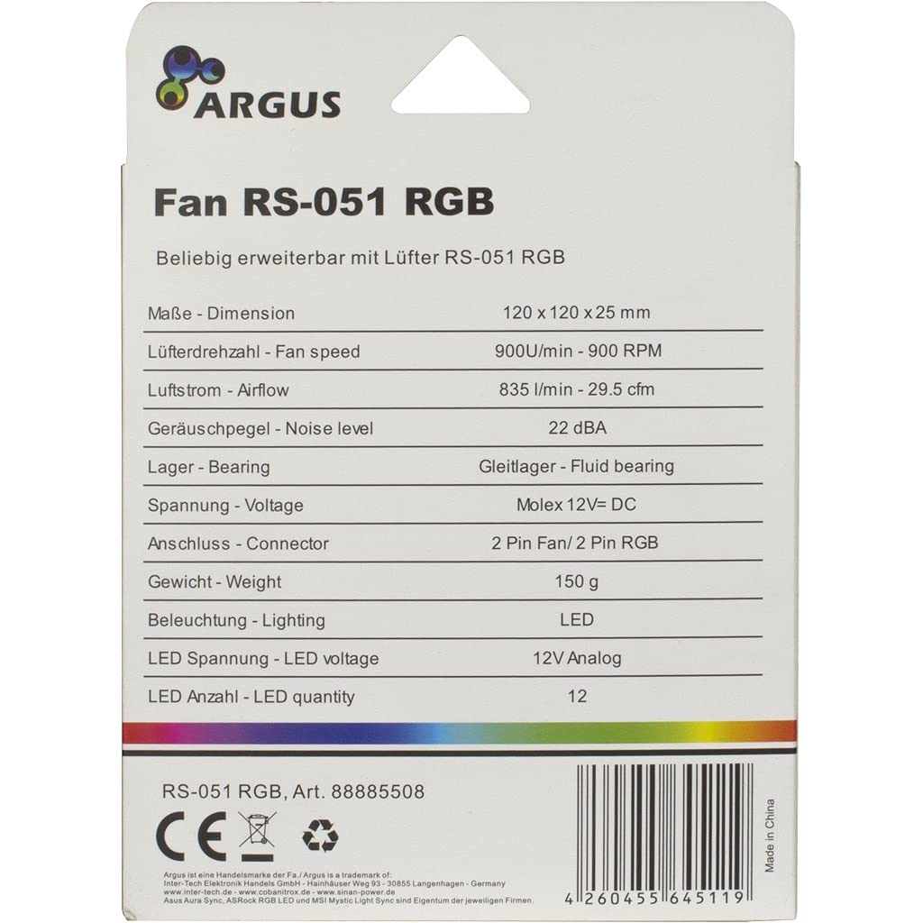 Inter-Tech Argus RS-051 RGB PC Case Fan 12 cm Black
