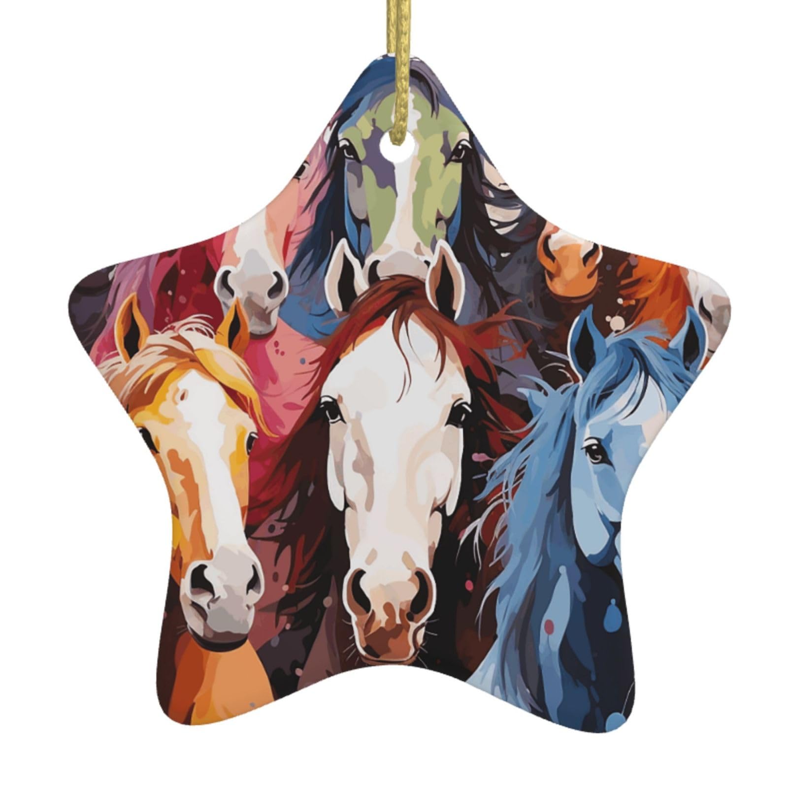 Ceramic Christmas Tree Hanging Ornaments with Gold Ropes Christmas Tree Decorations Star Ceramic Colourful Cartoon Horses Pendant Keepsake Decorations for Holiday Xmas Gift Ideas