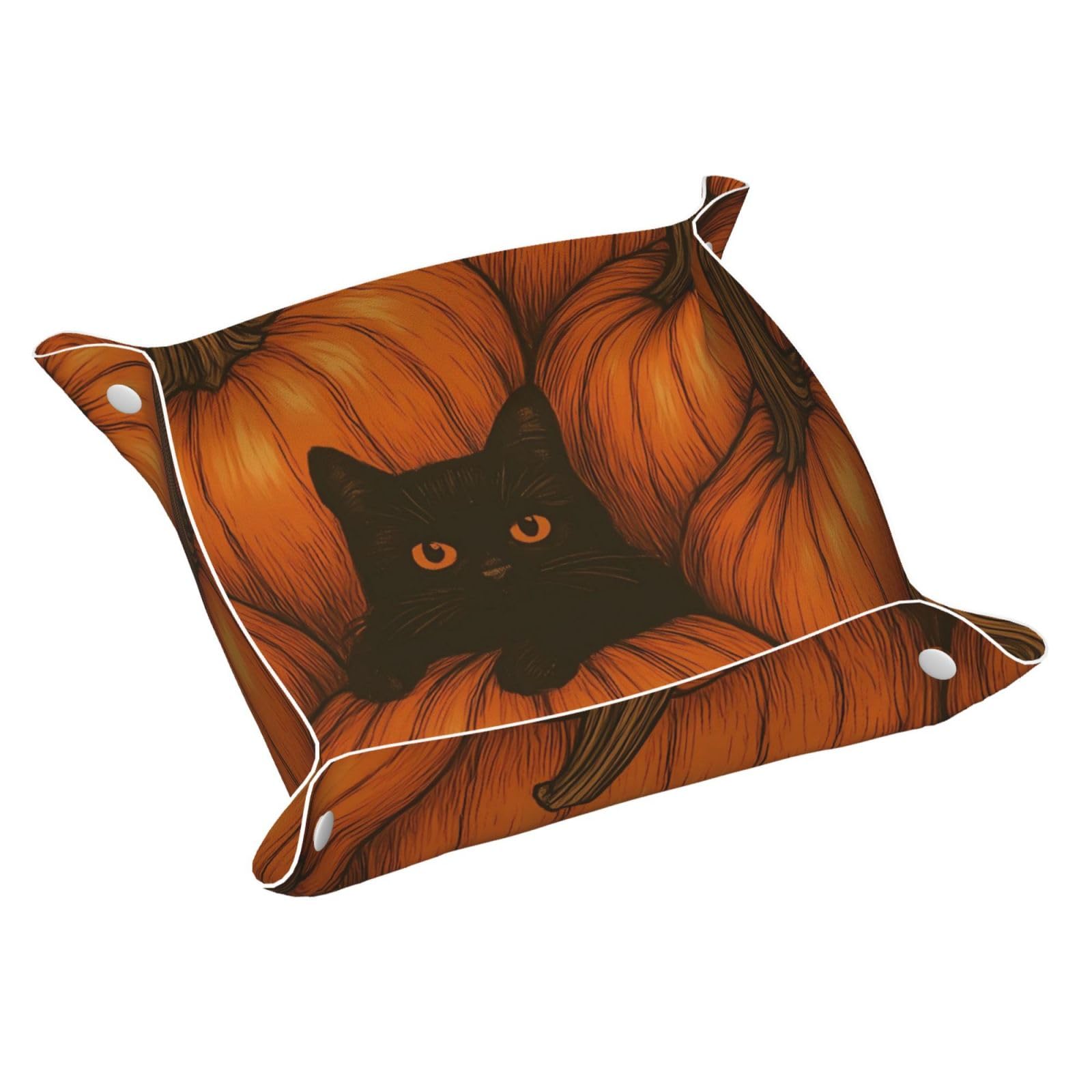 HLBSDM Black Cat on Pumpkin Tray Men's Leather Valet Parking Portable Entrance Trays Bedside Storage Box
