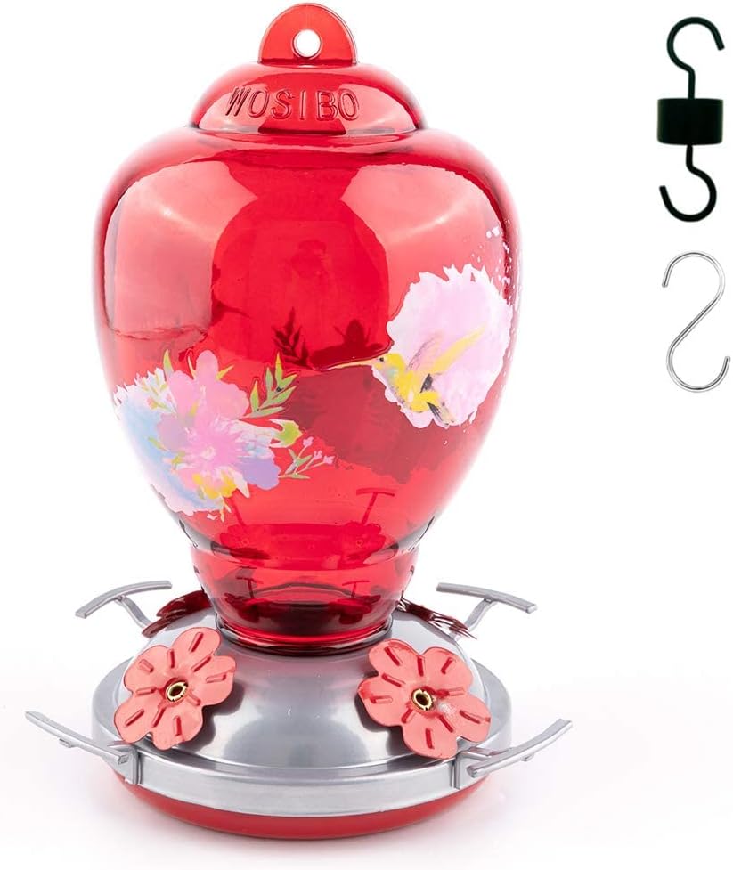 WOSIBO Hummingbird Feeder for Outdoors Patio Large 34 Ounces Colorful Glass Hummingbird Feeder with Ant Moat Hanging Hook, Rope, Brush and Service Card (Red floral)