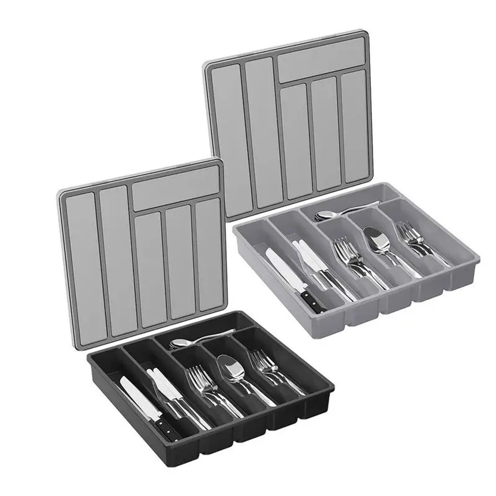 UBOHUZ 2PCS Kitchen Cutlery Storage Box Knife Holder Plastic Tray Fork Spoon Divider Drawer Tableware Organizer for Spoons Forks Knives