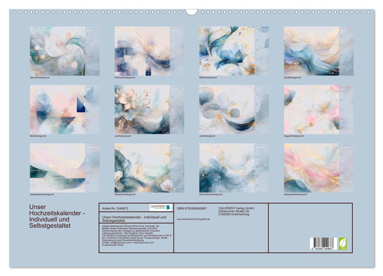 CALVENDO - Unser Hochzeitskalender - Individuell und Selbstgestaltet (Wandkalender 2027 DIN A2 quer), Monatskalender: Romantischer DIY-Hochzeitskalender