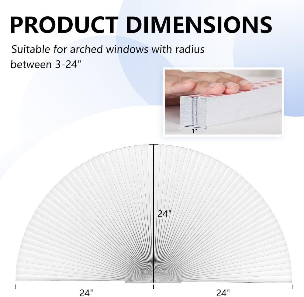 2 Packs Arch Window Shades Blackout Half Circle Cellular Shades, Pleated Blinds Half Moon Window Shades for Semi Circle Windows, Easy Cut and Install, (Radius: 24", White)