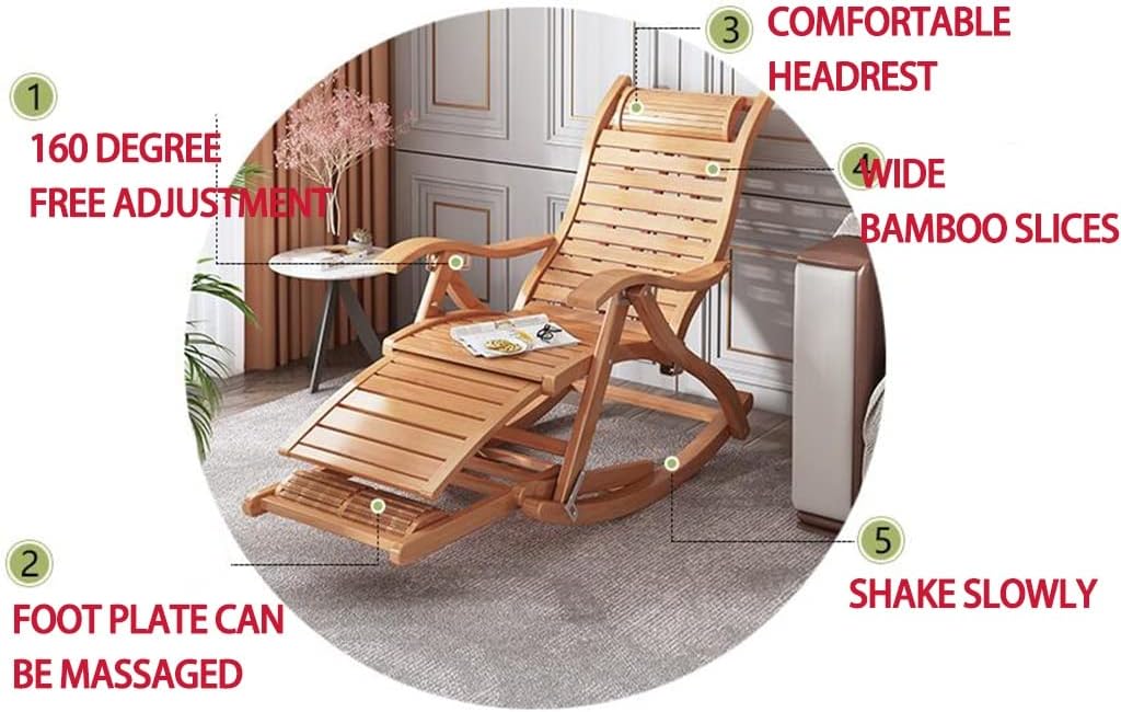 LSLYTQ Outdoor Rocking Chairs Folding, Ottoman, Wooden Adjustable 5-Position Reclin Chair W Armrest Reclining Armchair W Foot Massage for Garden Backyard Porch Balcony