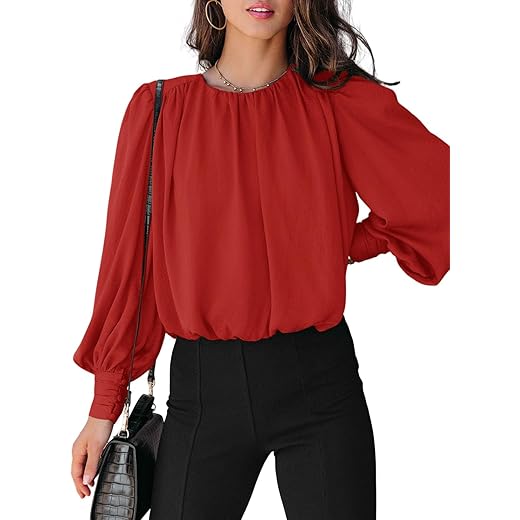 Dokotoo Womens Ladies Summer Long Sleeve Tunic Tops and Blouses for Women 2023 Crewneck Padded Shoulder Casual Loose Fitting Trendy Dressy Work Shirts Solid T-Shirts Red X-Large