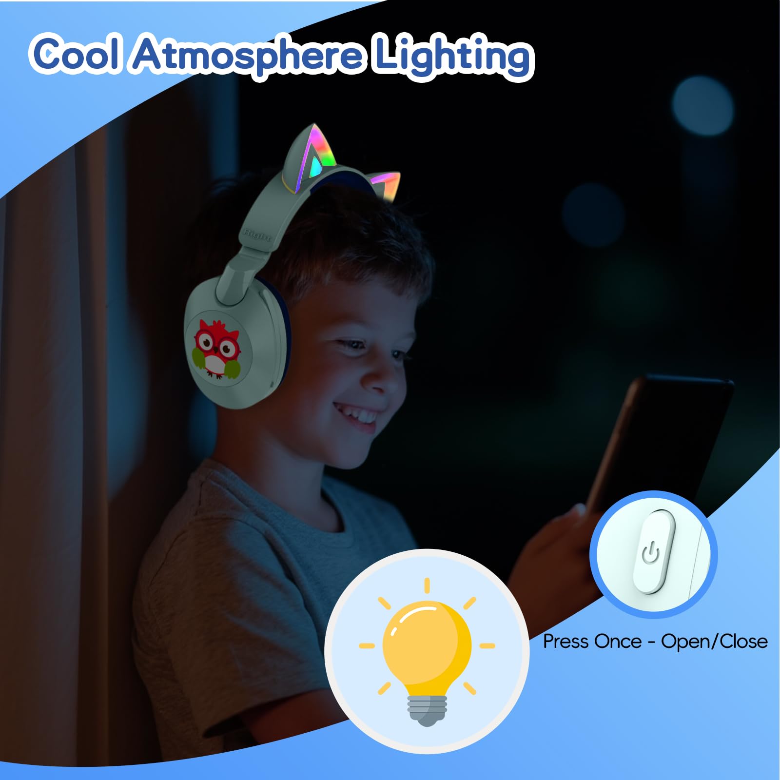 Casque Bluetooth pour Enfants, Casque Circum-aural sans Fil avec Micro, 50 h d'autonomie, lumières LED colorées, câble AUX, Volume limité à 94 DB, Design Pliable, idéal pour Les Voyages