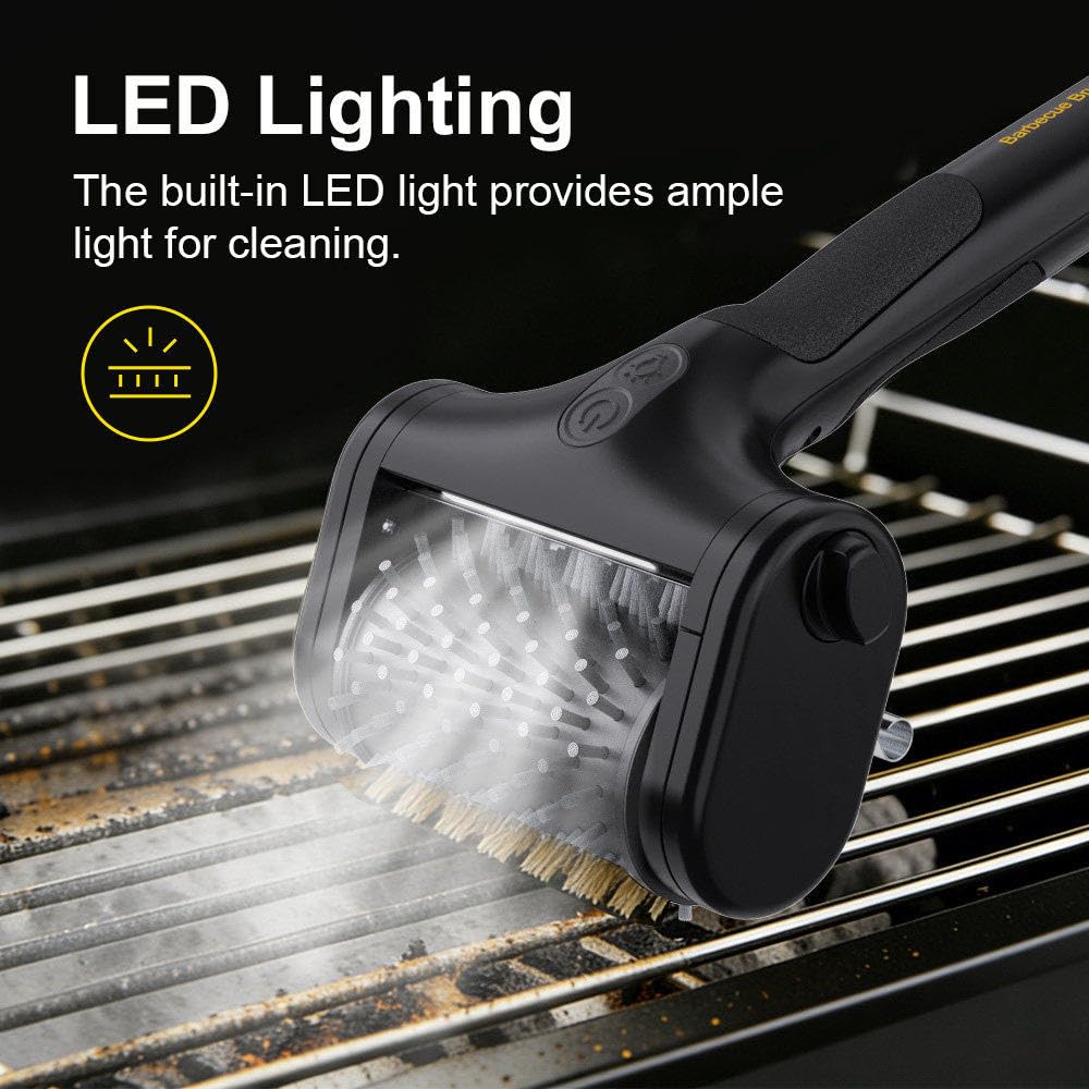 Spazzola Elettrica per Barbecue, Pulitore Cordless con Testine Intercambiabili, Spazzola Robusta con Luce LED E Setole in Acciaio Inox per Griglie da Interno Ed Esterno