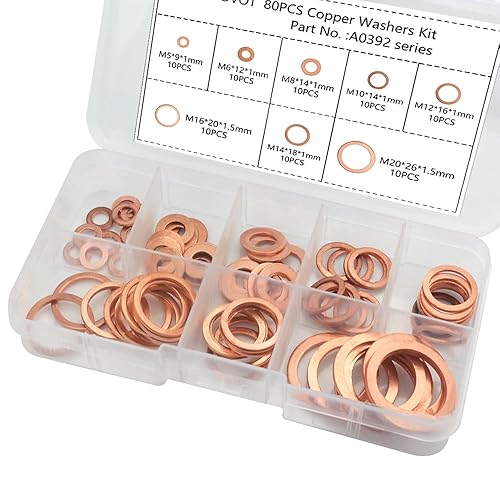 Miniatura 5 de TOVOT Juego surtido de 80 arandelas de cobre, 8 tamaños, arandelas planas (M5681012141620)
