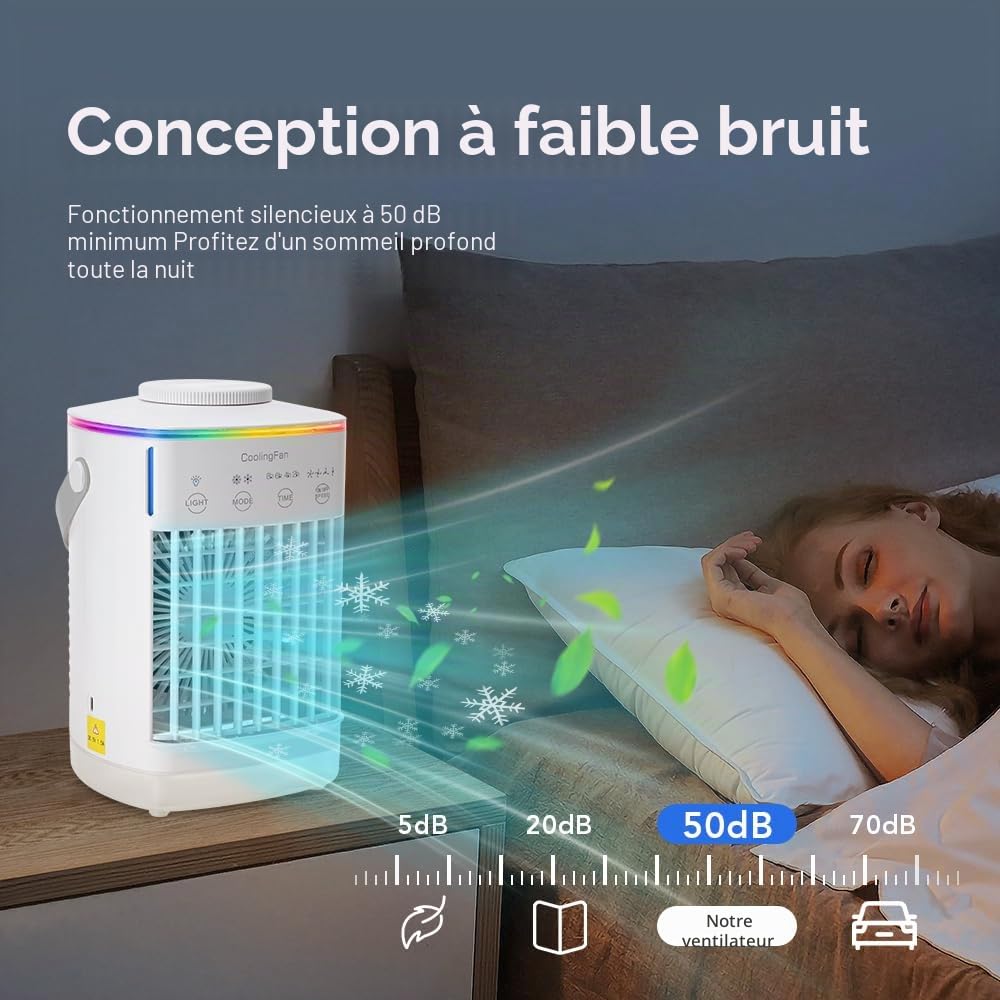 Mini Climatiseur Mobile Silencieux, 2 en 1 Mini Rafraichisseur d'air avec 4 Vitesses & 2 Brumes, 2-8H Timer, 7 LED,Petit Clim Mobile pour Chambre et Bureau(7W)