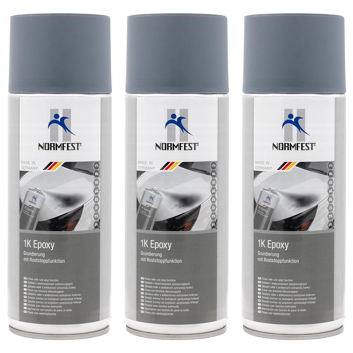 Normfest 1K Epoxy Grundierung Grau – Rostschutz & Haftvermittler in einem für Stahl, Aluminium & verzinkte Flächen – schleifbar & überlackierbar – professioneller Korrosionsschutz – 3x 400 ml