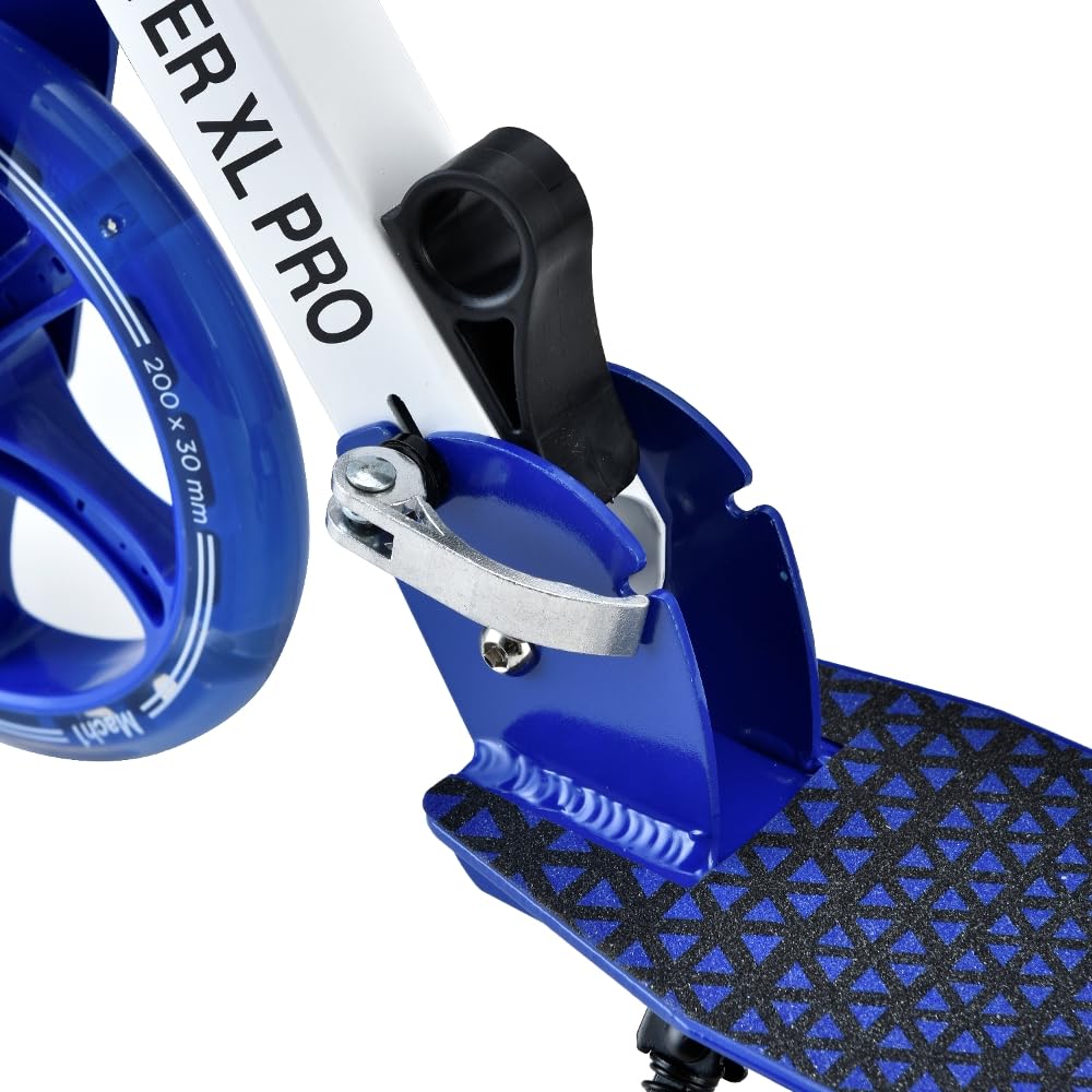 Mach1 Kick - Patinete de aluminio para ciudad, 200 mm, XXL, LED, ruedas para adultos y niños, plegable, XL, blanco y azul