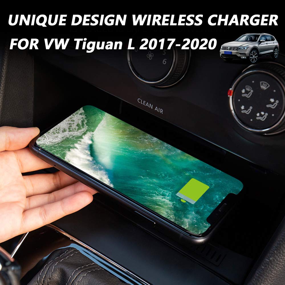 Cargador Inalámbrico Coche Auto para VW Tiguan 2018 2019 2020 Consola Central Accesorios Panel, 10W Carga Rápida Teléfono Cargador Almohadilla con QC3.0 USB Puerto per iPhone Samsung