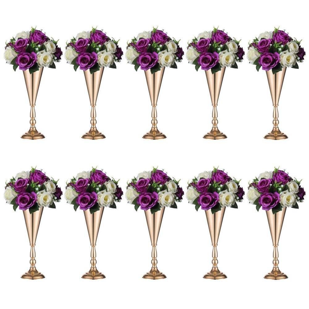 Sziqiqi Trumpet Vase Floral Centerpiece Riser Stand for Wedding Reception Centerpieces Party Event Anniversary Birthday Decoration Flower Arrangement Pack of 10, Rose Gold 14in