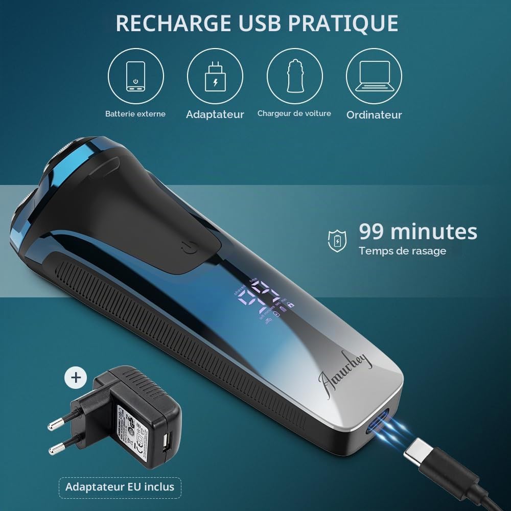 Amurhey Rasoir Électrique Homme Wet & Dry- 3 Lame/Chargeur/housse de voyage
