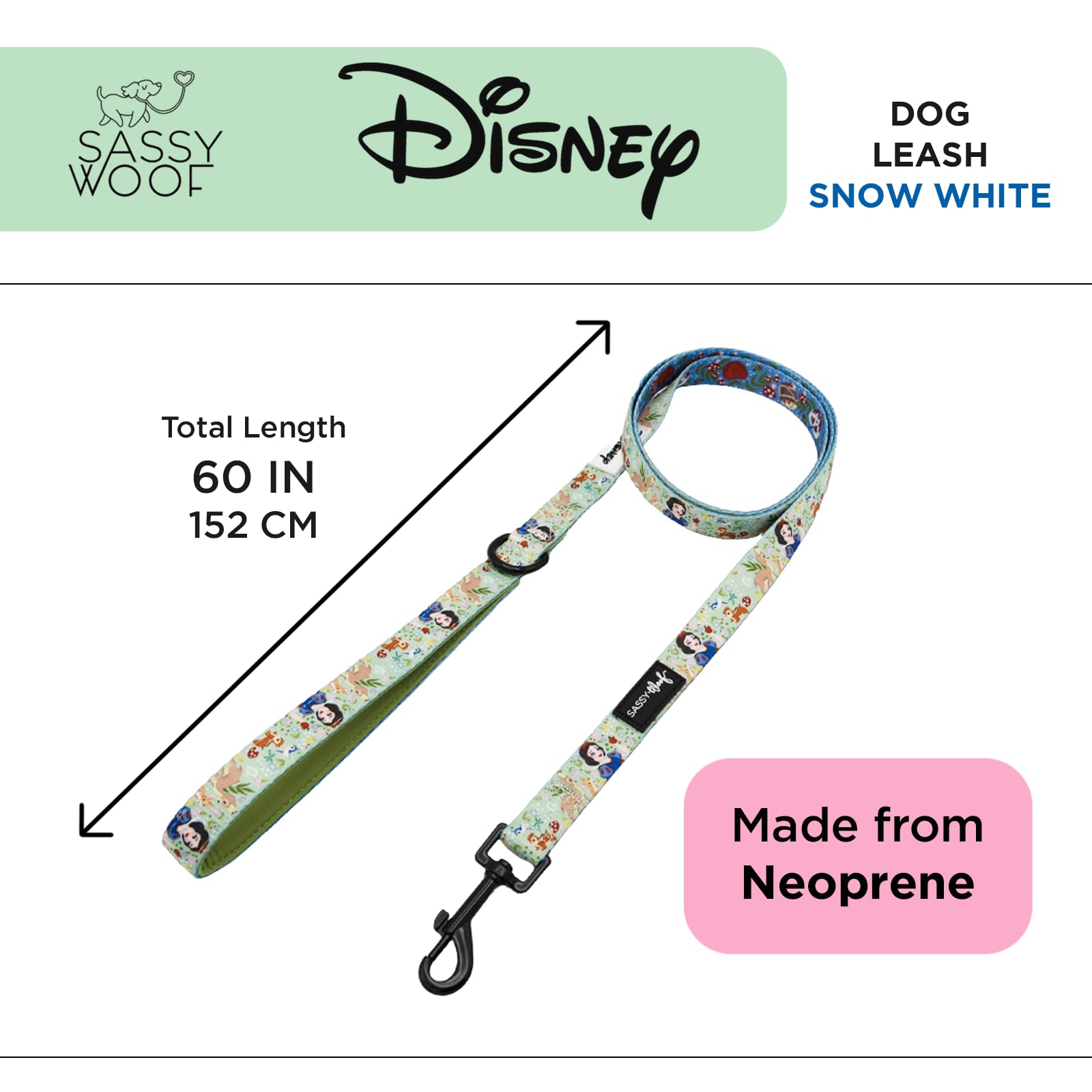 Sassy Woof Disney - Correa para perro Blancanieves de 60 pulgadas con diseño patentado y mango acolchado de neopreno, cómoda, duradera y elegante para perros pequeños a grandes