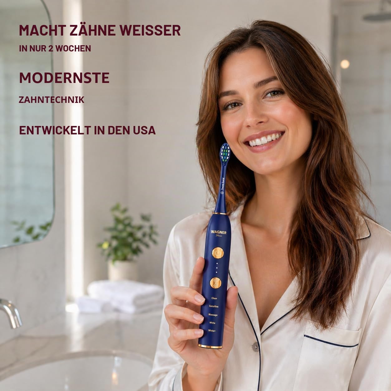 Wagner Stern WHITEN+ Edition. Intelligente elektrische Zahnbürste mit Drucksensor. 5 Putzmodi und 3 Intensitätsstufen, 8 weiche Bürstenköpfe, hochwertiges Reiseetui.