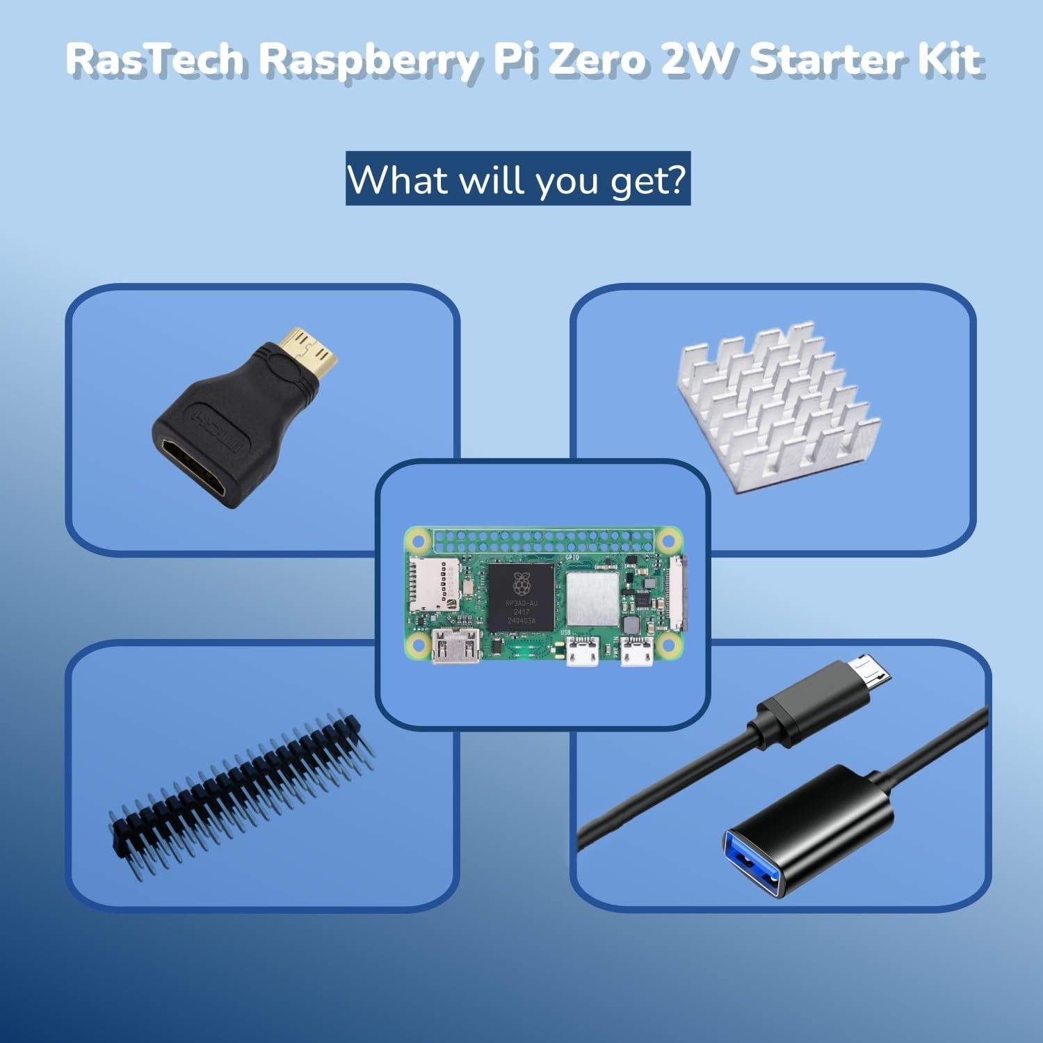 RasTech Raspberry Pi Zero - Kit de 2 W con cabezal de pin, disipador de calor de aluminio, cable micro USB OTG, adaptador mini HDMI-HDMI (con CPU de cuatro núcleos, Bluetooth 4.2, BLE, antena