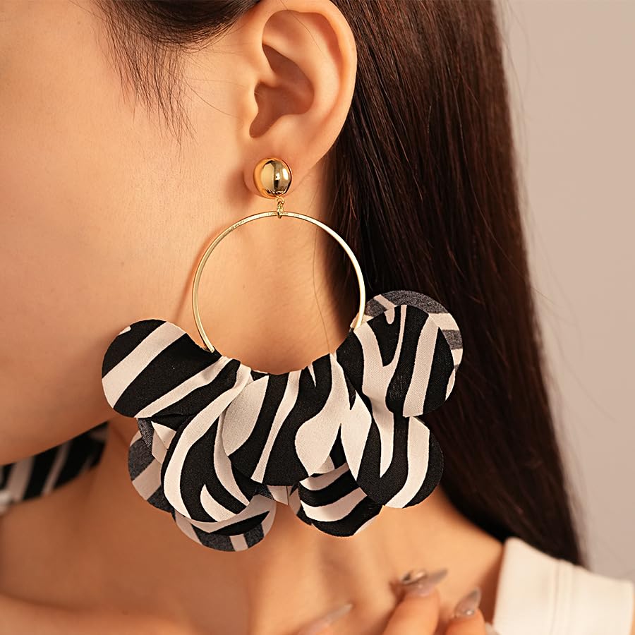 PLwelth Zebra Print Hoop Earrings for Women Gold Hoop Drop Dangle Earrings Black White Stripe Long Drop Earrings Statement Large Huggie Hoop Earrings Trendy Jewelry Gifts for Her Birthday Christmas3