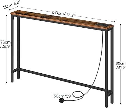 HOOBRO Console Table with Charging Station, 120 cm Slim Console Table for Hallway, Behind Sofa Table, for Entryway, Living Room, Small Spaces, Metal Frame, Rustic Brown and Black EBF15KXG01G1