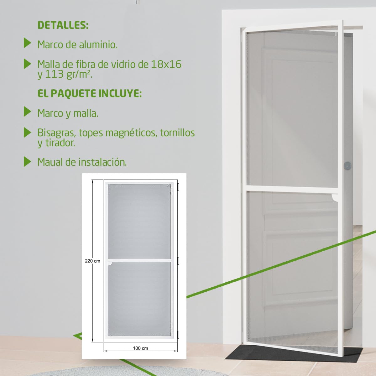 Amig - Mosquitera para Puerta - 100 x 220 cm - Protección Eficaz - Ajustable - Kit Completo con Marco, Malla y Accesorios - Aluminio y Fibra de Vidrio - Blanco/Gris - Protección Anti-Mosquitos