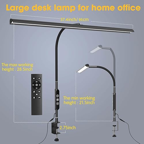 Miniatura 8 de Aunkazey Lámpara de escritorio LED de 30 W, 37.4 pulgadas de ancho con abrazadera de arquitecto para oficina en casa, iluminación LED súper