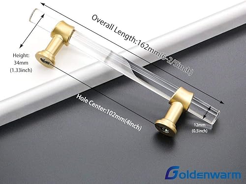 Goldenwarm - manijas de acrílico - LS9165GD102, tirador de oro cepillado para cocina, acrílico transparente, orificios centrales de 4 pulgadas