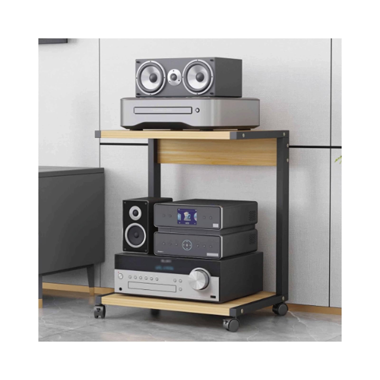 Stojak na media AV, 2-poziomowa szafka stereo, drewniana wieża audio z kółkami, nowoczesna półka rozrywkowa na konsolę do gier, 50 x 40 x 60 cm