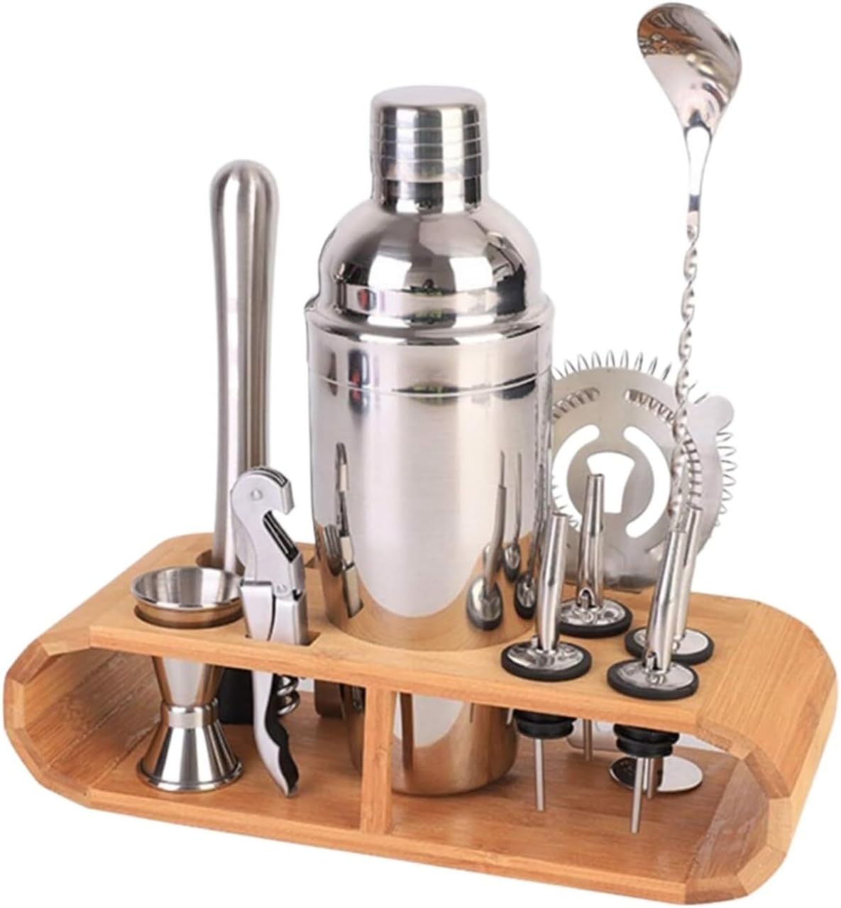 Set de Coctelería de Acero Inoxidable con Base de Madera 750ml - 11 Piezas
