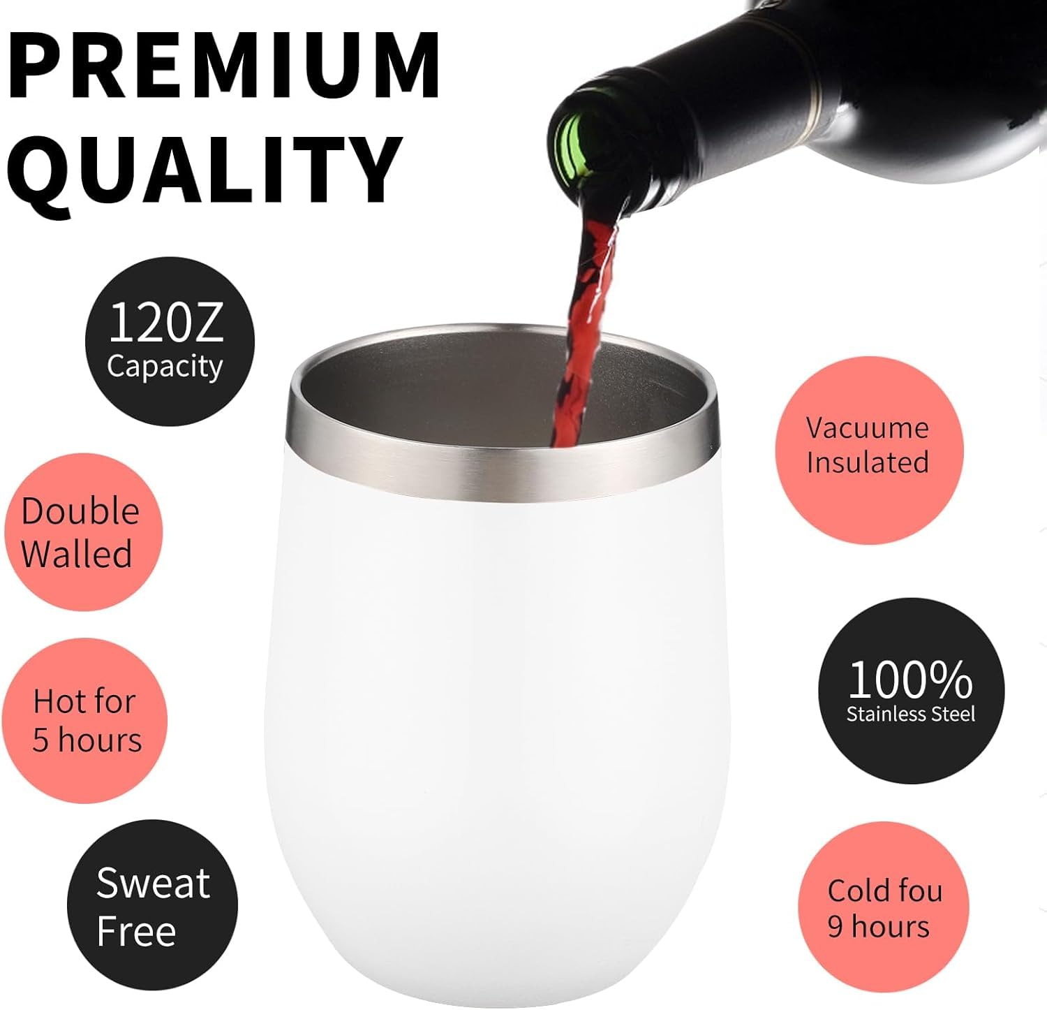 Weingläser mit Deckel, ohne Stiel, doppelwandig, Vakuum-Reisebecher, hält kalt und heiß, für Wein, Kaffee, Cocktails, Weihnachtsgetränke, Familie und Geschenke, 340 ml, 6 Stück (weiß)
