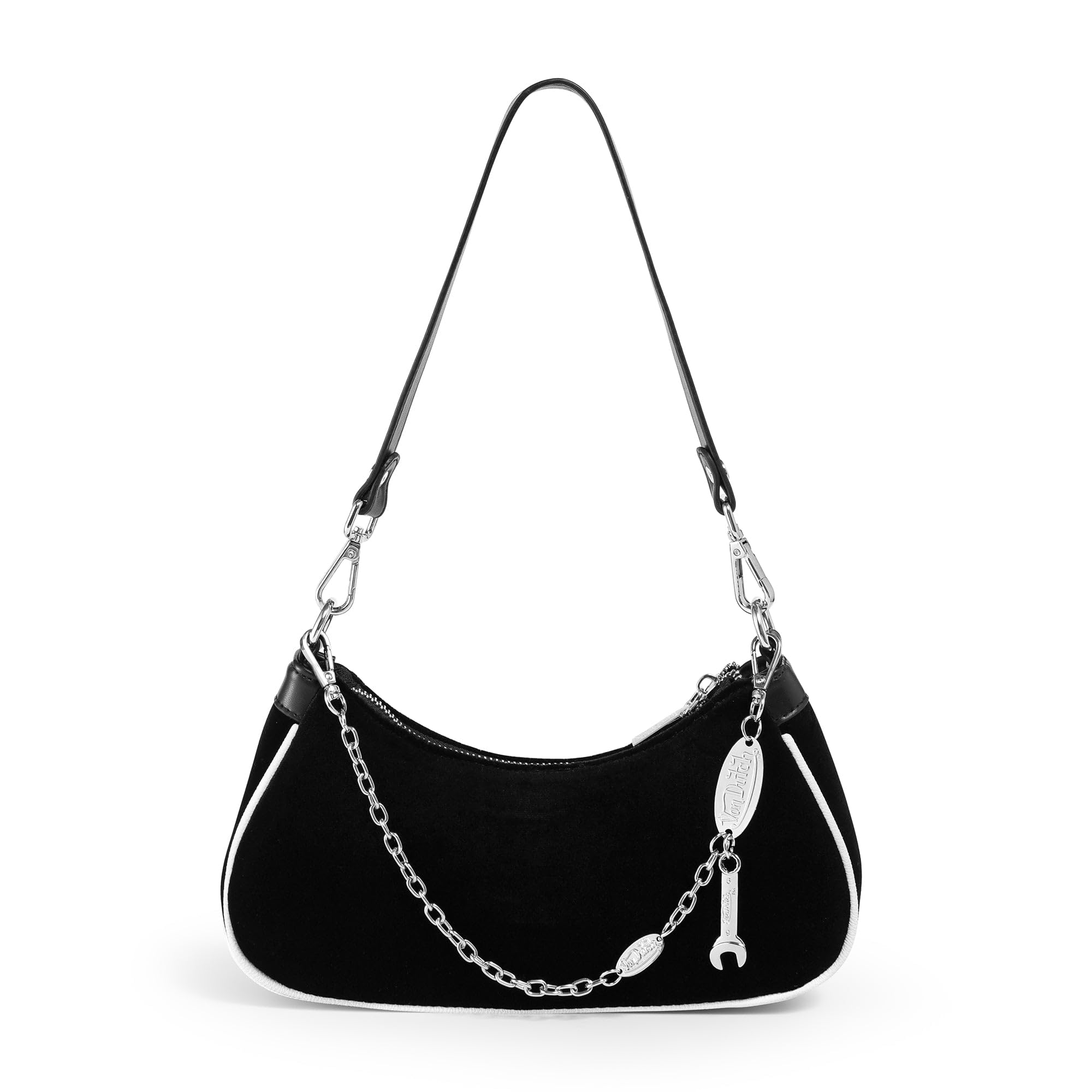Von Dutch Womens Rhinestone Shoulder Bag – Stylish Handbag with Adjustable Strap, Spacious Interior, and Iconic Logo Design (Black and White Rhinestone)