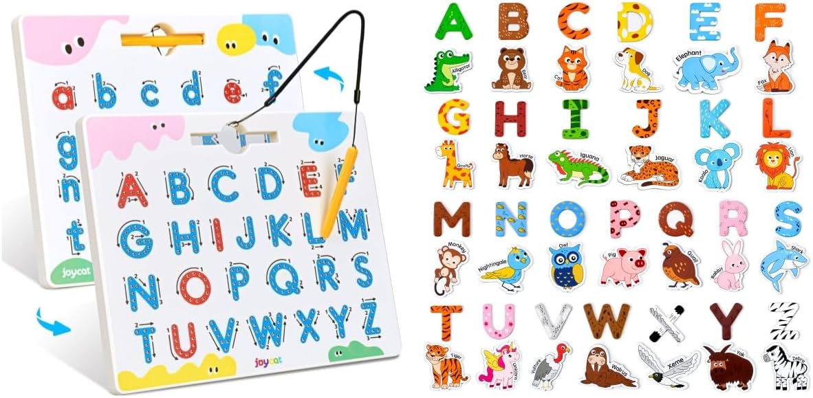 JoyCat Wooden Magnets + Magnetic Letter Tracing Board, 2-in-1 Double-Sided ABC Magnets for Kids Ages 3-5, Uppercase & Lowercase Letter Writing Practice