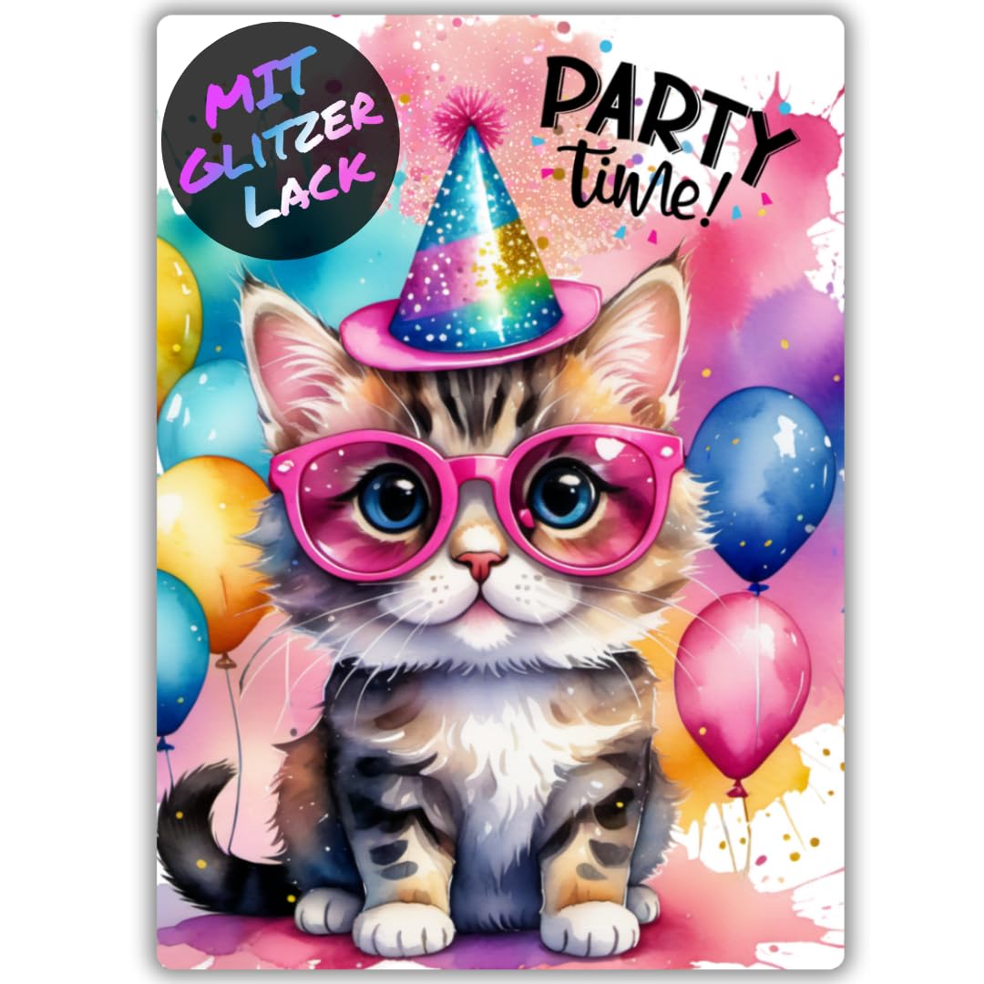 celebr8te 12x Party Katze Glitzer Einladungskarten - Teenager Kindergeburtstag Jungen & Mädchen - coole Tier Geburtstagseinladungen inkl. Messenger Bild & Urlaubsgutschein