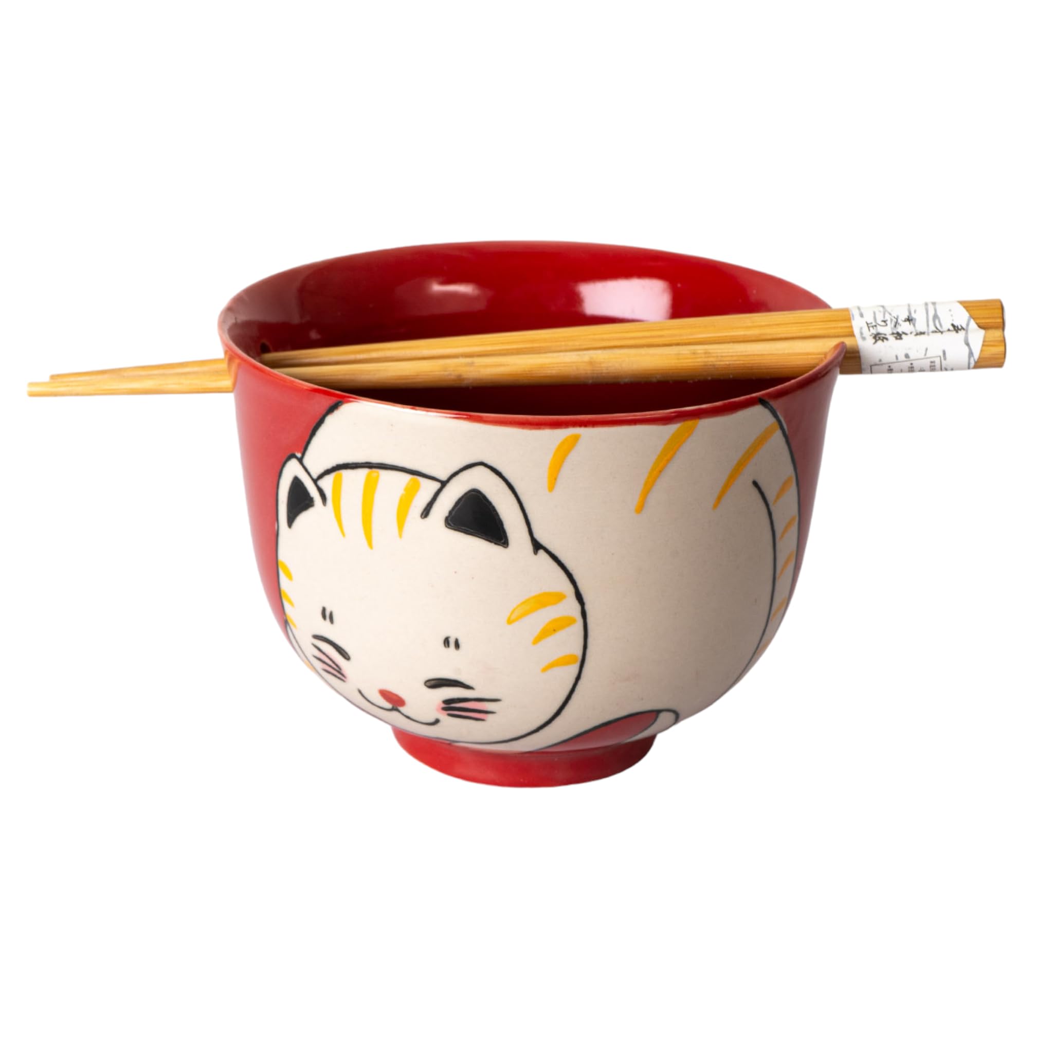 Hinomaru CollectionQuality Japanese Multi Purpose Ramen Udon Noodle Rice Tayo Bowl with Chopsticks Gift Set 5 Inch Diameter (Red Cat)
