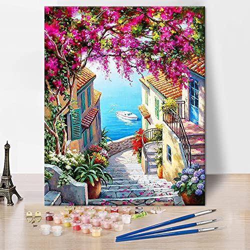 Street Scenery Paint by Number for Adults, Stairs To The Sea Art Paint by Numbers, Flower Garden Sea Bay Landscape Paint by Numbers for Adults Beginner Oil Painting Canvas Wall Art 16"x20" Frameless