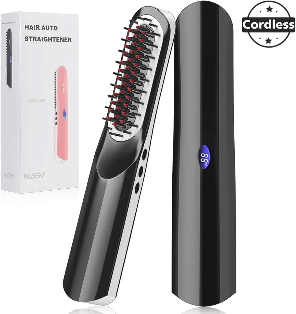 Hair Straightener Brush, 2-in-1 USB Portable Straightening Brush with Anti-Scald Feature, Auto Temperature Lock and Auto-off Function for Men Women Hair/Beard Straightener