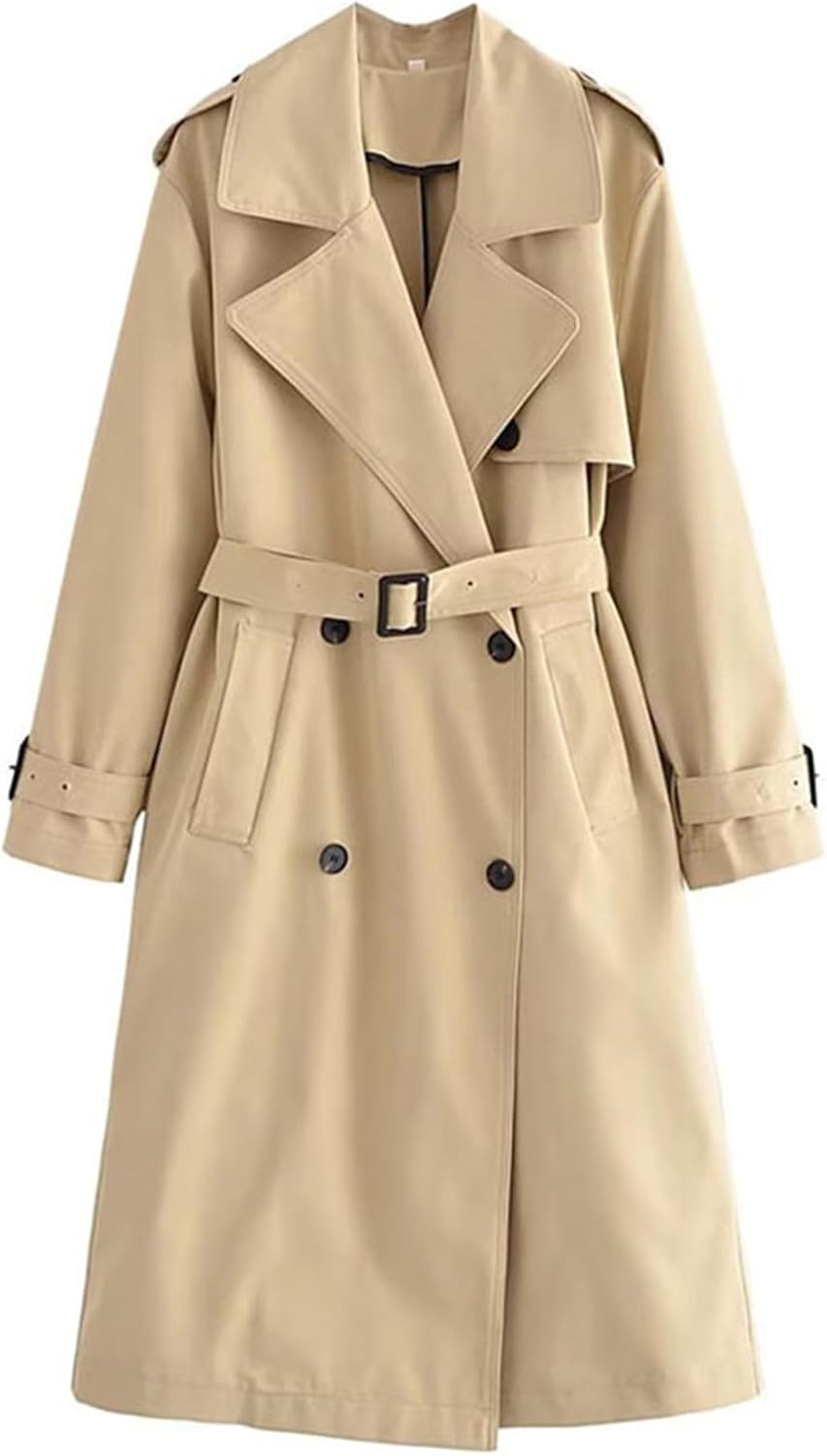 Women Windproof Jacket With Belt Double Breasted Trench Coat Vintage Long Sleeve Pockets Female Outerwear Clothing