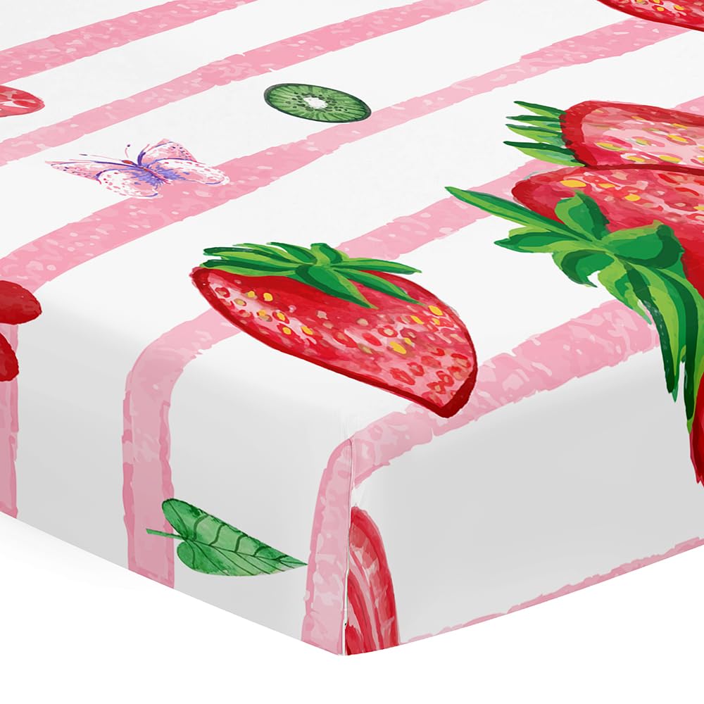 Odot Cot Bed Fitted Sheets Travel Cot Sheets, Cute Strawberry Print Microfiber Mattress Protector Cozy Breathable Toddler Baby Kids Bedding for Cradle, Cribs, Bassinet (Pink Stripes,70x140cm)