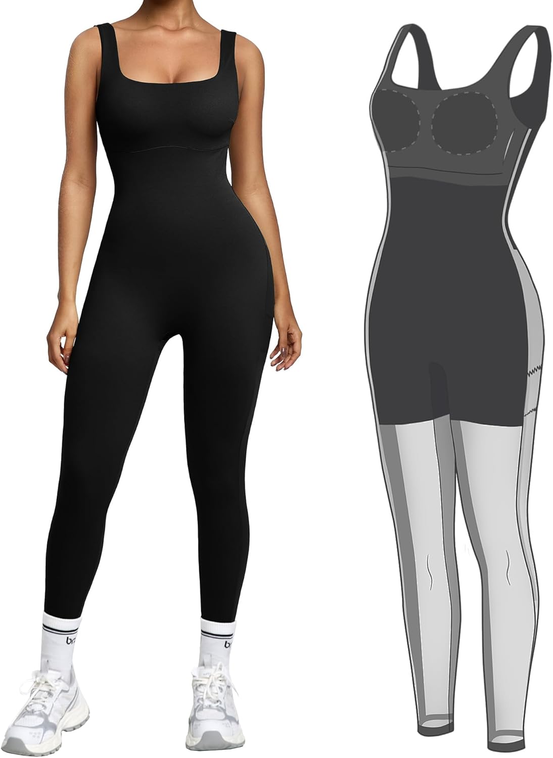 BRXL Built-in Shapewear Jumpsuits for Women Tummy Control One Piece Workout Jumpsuits Built-in Bra Square Neck Sleeveless