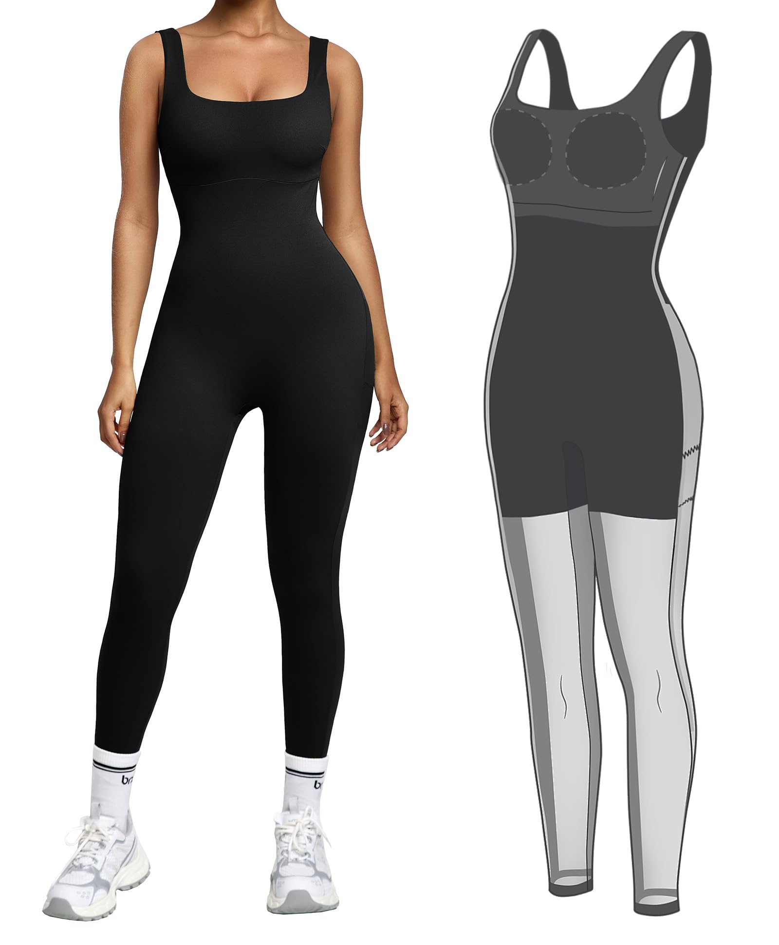 Built-in Shapewear Jumpsuits for Women Tummy Control One Piece Workout Jumpsuits Built-in Bra Square Neck Sleeveless-image-19