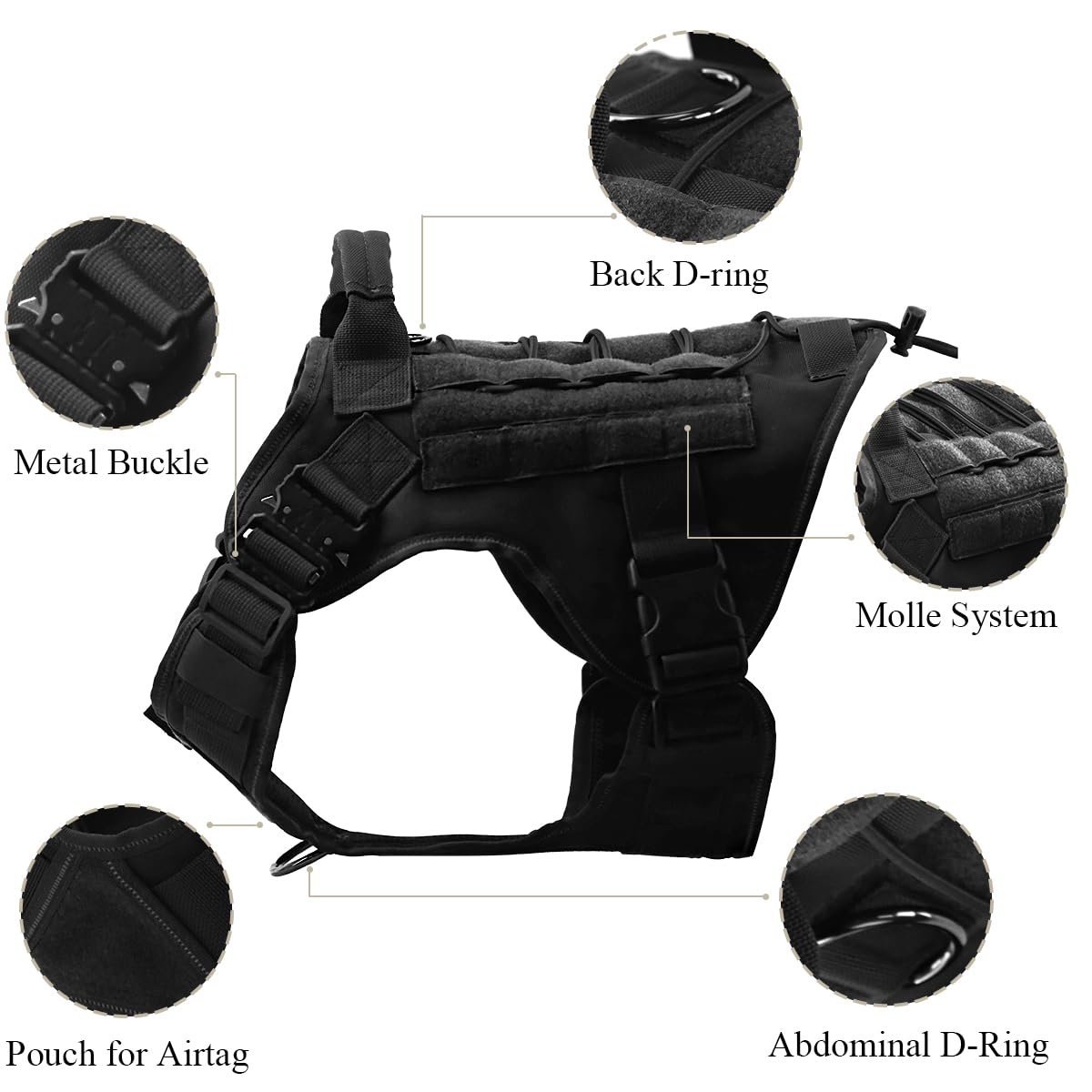 Pettorina Tattica per Cane, 3 Taglie, con MOLLE, Fibbia in Metallo, Resistente Nylon, Traspirante e Regolabile (M)