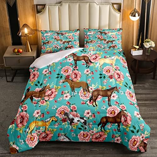 Horse Bedding Set Queen Chic Retro Blossom Comforter Set For Kids Girls Teens Galloping Horse Comforter Romantic Aesthetic Style 3D Wild Farm Animal Duvet Set Bedroom Decor Quilt Set, Green Pink